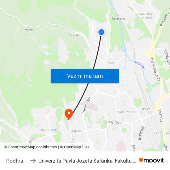 Podhradová to Univerzita Pavla Jozefa Šafárika, Fakulta Verejnej Správy map