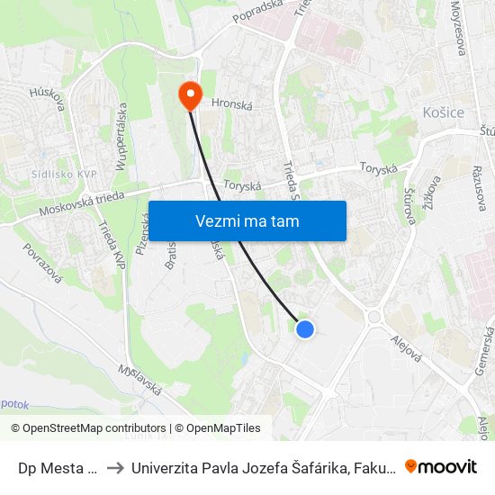 Dp Mesta Košice to Univerzita Pavla Jozefa Šafárika, Fakulta Verejnej Správy map