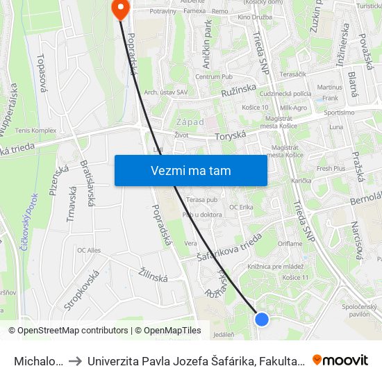 Michalovská to Univerzita Pavla Jozefa Šafárika, Fakulta Verejnej Správy map