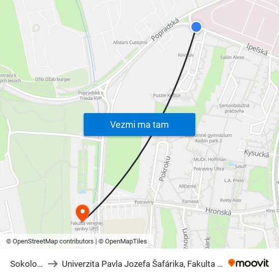 Sokolovská to Univerzita Pavla Jozefa Šafárika, Fakulta Verejnej Správy map