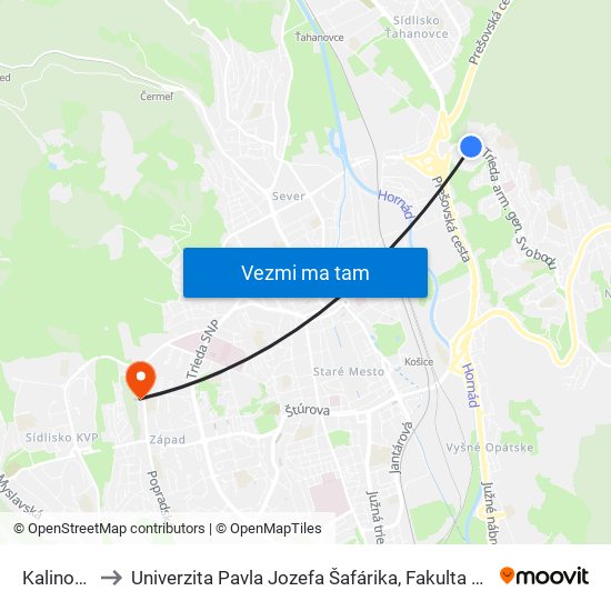 Kalinovská to Univerzita Pavla Jozefa Šafárika, Fakulta Verejnej Správy map