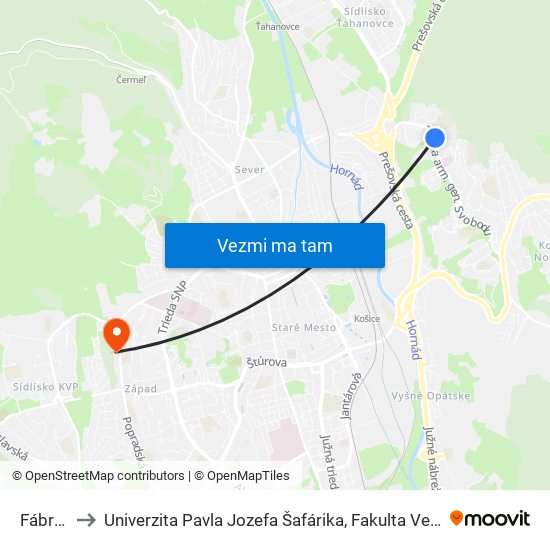 Fábryho to Univerzita Pavla Jozefa Šafárika, Fakulta Verejnej Správy map