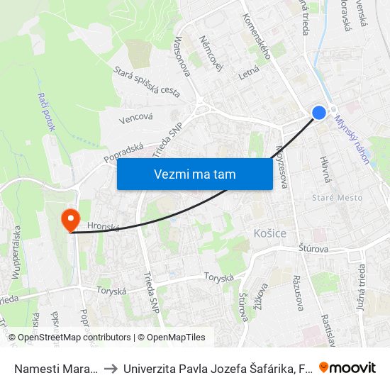 Namesti Maratonu Mieru to Univerzita Pavla Jozefa Šafárika, Fakulta Verejnej Správy map