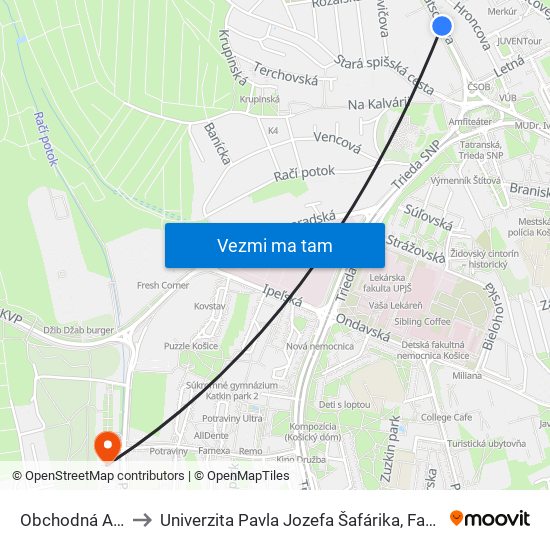 Obchodná Akadémia to Univerzita Pavla Jozefa Šafárika, Fakulta Verejnej Správy map