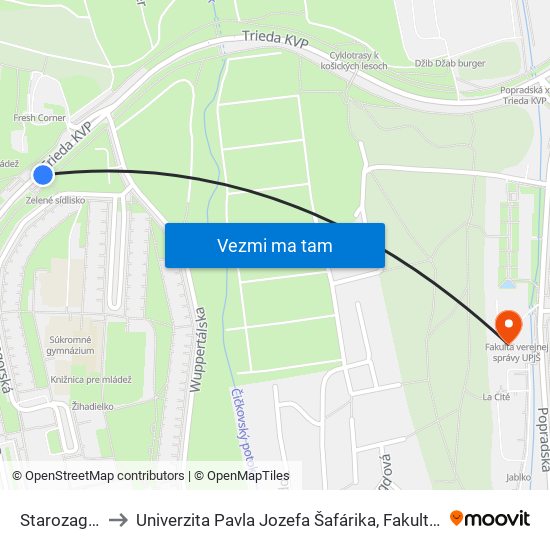 Starozagorská to Univerzita Pavla Jozefa Šafárika, Fakulta Verejnej Správy map