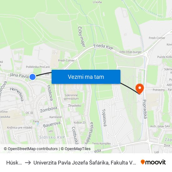 Húskova to Univerzita Pavla Jozefa Šafárika, Fakulta Verejnej Správy map