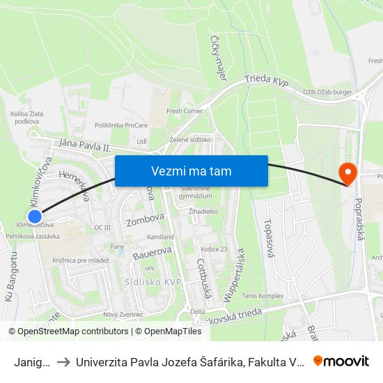 Janigova to Univerzita Pavla Jozefa Šafárika, Fakulta Verejnej Správy map