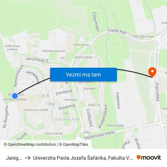 Janigova to Univerzita Pavla Jozefa Šafárika, Fakulta Verejnej Správy map