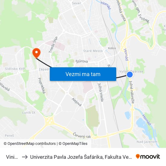 Viničná to Univerzita Pavla Jozefa Šafárika, Fakulta Verejnej Správy map