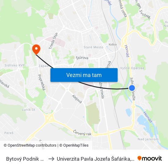 Bytový Podnik Mesta Košice to Univerzita Pavla Jozefa Šafárika, Fakulta Verejnej Správy map