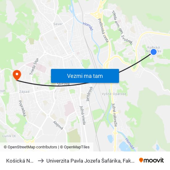 Košická Nová Ves to Univerzita Pavla Jozefa Šafárika, Fakulta Verejnej Správy map