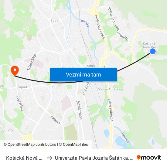 Košická Nová Ves, Cintorín to Univerzita Pavla Jozefa Šafárika, Fakulta Verejnej Správy map