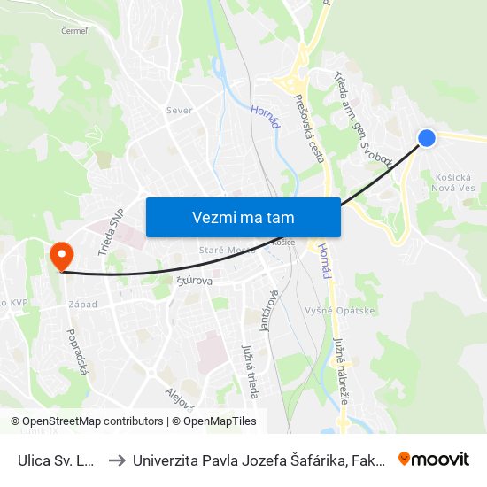 Ulica Sv. Ladislava to Univerzita Pavla Jozefa Šafárika, Fakulta Verejnej Správy map