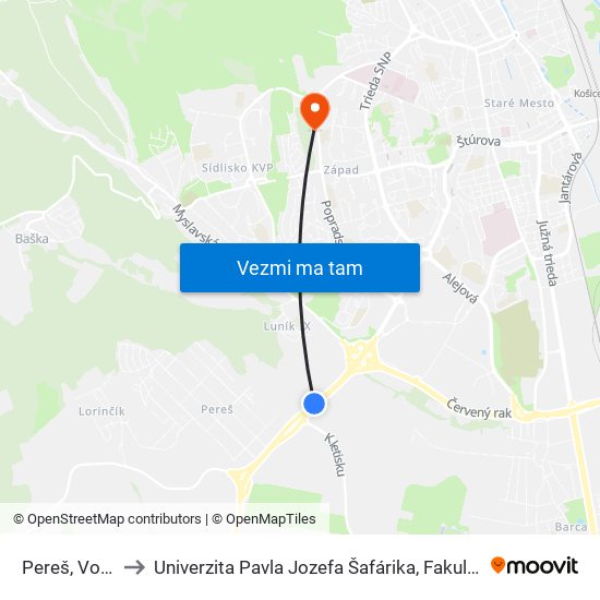 Pereš, Vodojem to Univerzita Pavla Jozefa Šafárika, Fakulta Verejnej Správy map