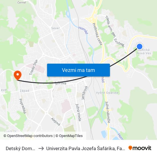 Detský Domov Satelit to Univerzita Pavla Jozefa Šafárika, Fakulta Verejnej Správy map