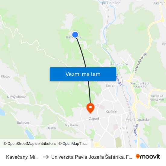 Kavečany, Miestny Úrad to Univerzita Pavla Jozefa Šafárika, Fakulta Verejnej Správy map