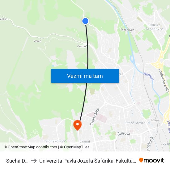 Suchá Dolina to Univerzita Pavla Jozefa Šafárika, Fakulta Verejnej Správy map