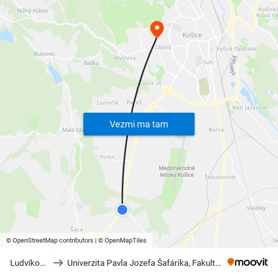 Ludvíkov Dvor to Univerzita Pavla Jozefa Šafárika, Fakulta Verejnej Správy map