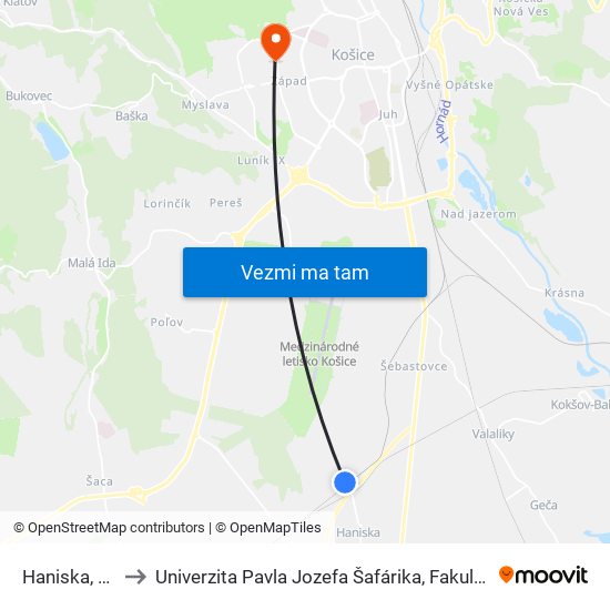 Haniska, Žel. St. to Univerzita Pavla Jozefa Šafárika, Fakulta Verejnej Správy map