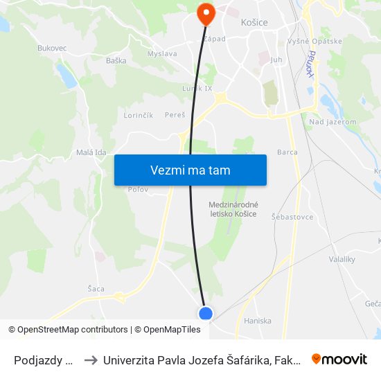 Podjazdy Haniska to Univerzita Pavla Jozefa Šafárika, Fakulta Verejnej Správy map