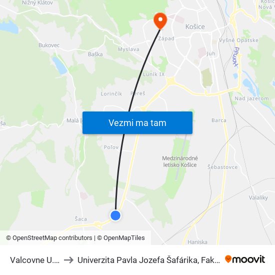 Valcovne U. S. Steel to Univerzita Pavla Jozefa Šafárika, Fakulta Verejnej Správy map