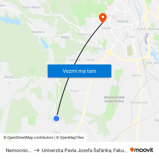 Nemocnica Šaca to Univerzita Pavla Jozefa Šafárika, Fakulta Verejnej Správy map