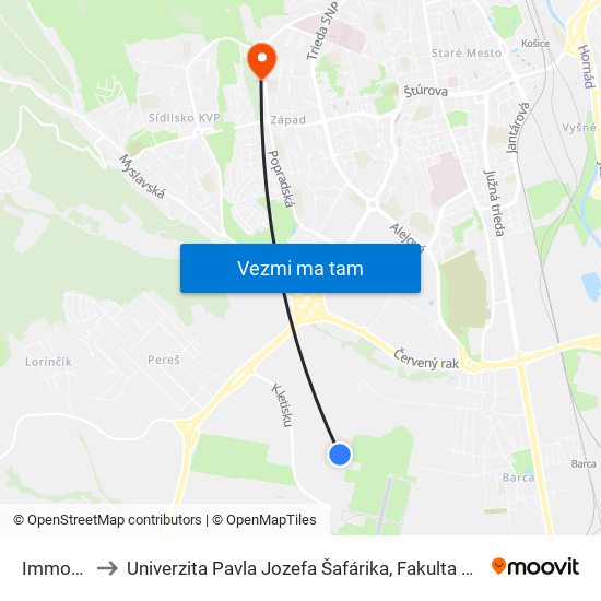 Immopark to Univerzita Pavla Jozefa Šafárika, Fakulta Verejnej Správy map