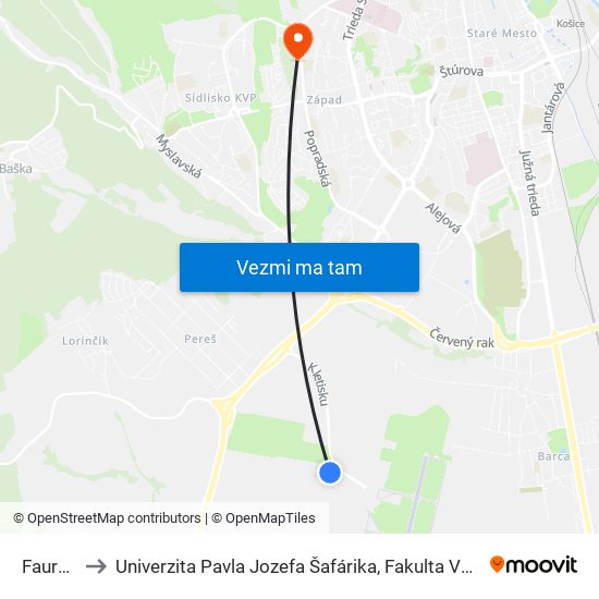 Faurecia to Univerzita Pavla Jozefa Šafárika, Fakulta Verejnej Správy map