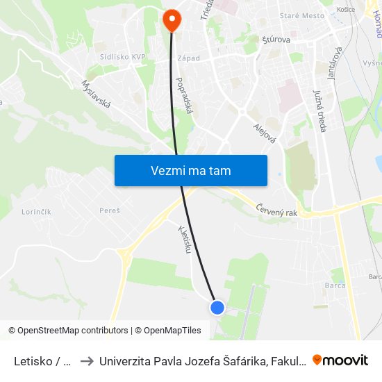 Letisko / Airport to Univerzita Pavla Jozefa Šafárika, Fakulta Verejnej Správy map