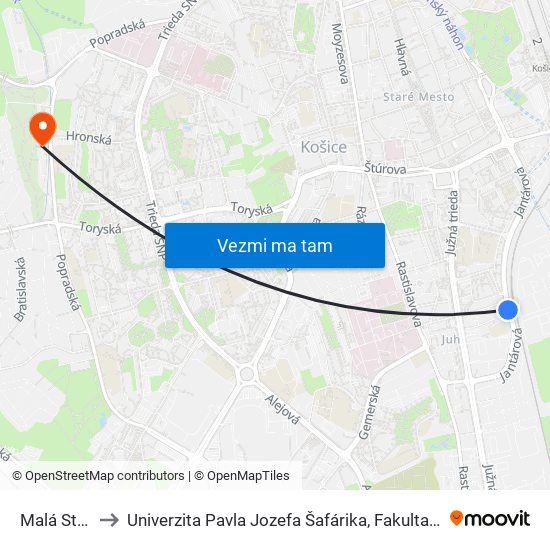 Malá Stanica to Univerzita Pavla Jozefa Šafárika, Fakulta Verejnej Správy map