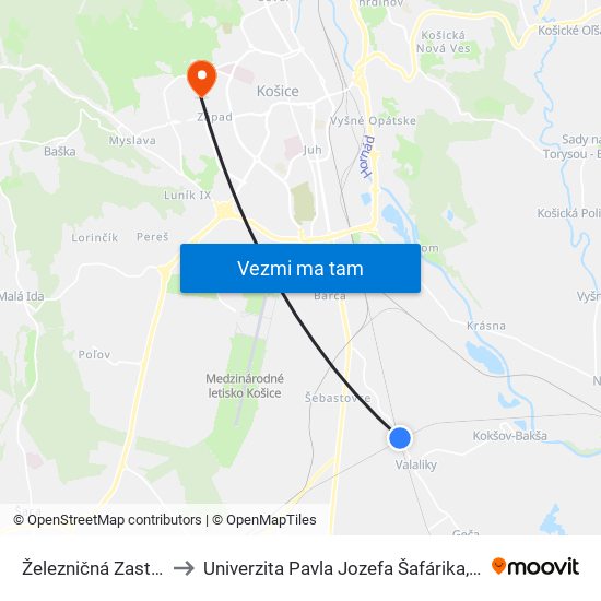 Železničná Zastávka Valaliky to Univerzita Pavla Jozefa Šafárika, Fakulta Verejnej Správy map