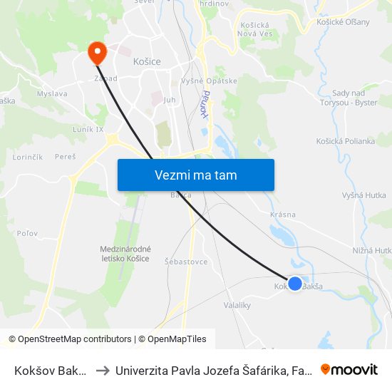 Kokšov Bakša Č. 215 to Univerzita Pavla Jozefa Šafárika, Fakulta Verejnej Správy map