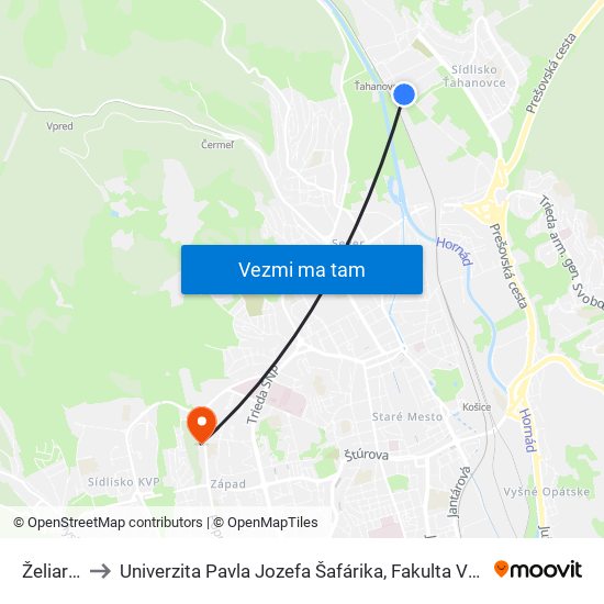 Želiarska to Univerzita Pavla Jozefa Šafárika, Fakulta Verejnej Správy map