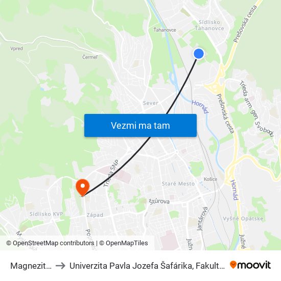 Magnezitárska to Univerzita Pavla Jozefa Šafárika, Fakulta Verejnej Správy map