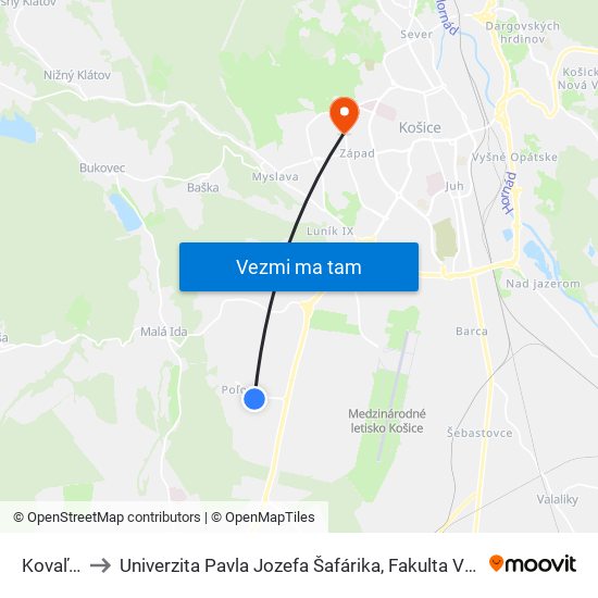 Kovaľská to Univerzita Pavla Jozefa Šafárika, Fakulta Verejnej Správy map