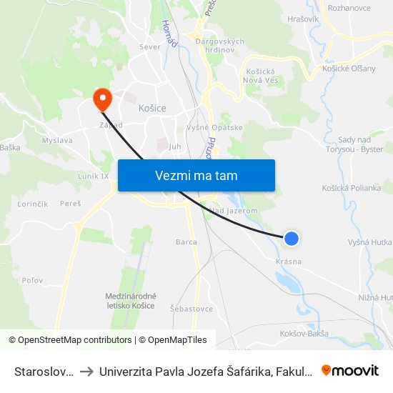 Staroslovanská to Univerzita Pavla Jozefa Šafárika, Fakulta Verejnej Správy map