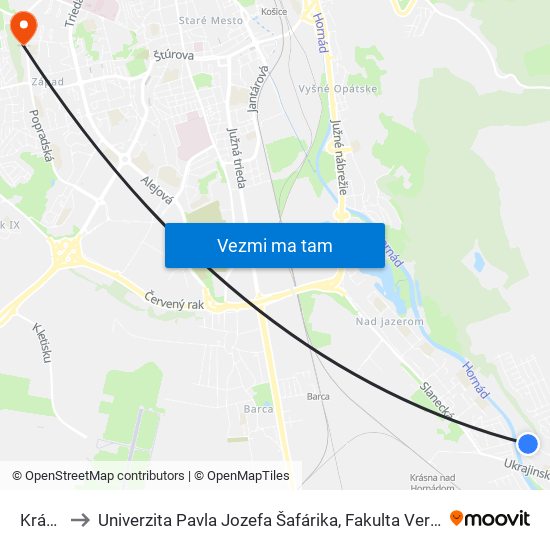 Krásna to Univerzita Pavla Jozefa Šafárika, Fakulta Verejnej Správy map