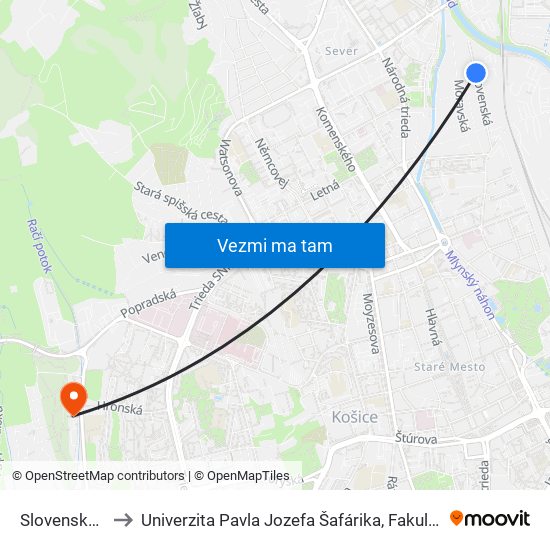 Slovenská Č. 20 to Univerzita Pavla Jozefa Šafárika, Fakulta Verejnej Správy map