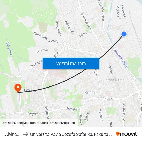 Alvinczyho to Univerzita Pavla Jozefa Šafárika, Fakulta Verejnej Správy map