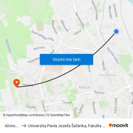 Alvinczyho to Univerzita Pavla Jozefa Šafárika, Fakulta Verejnej Správy map