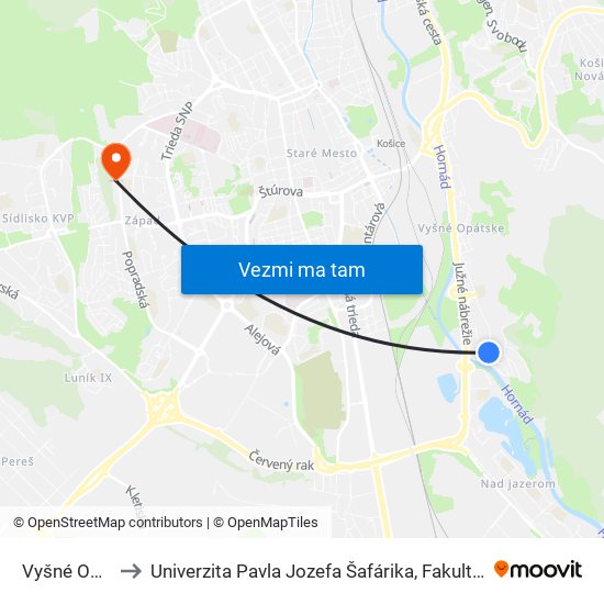 Vyšné Opátske to Univerzita Pavla Jozefa Šafárika, Fakulta Verejnej Správy map