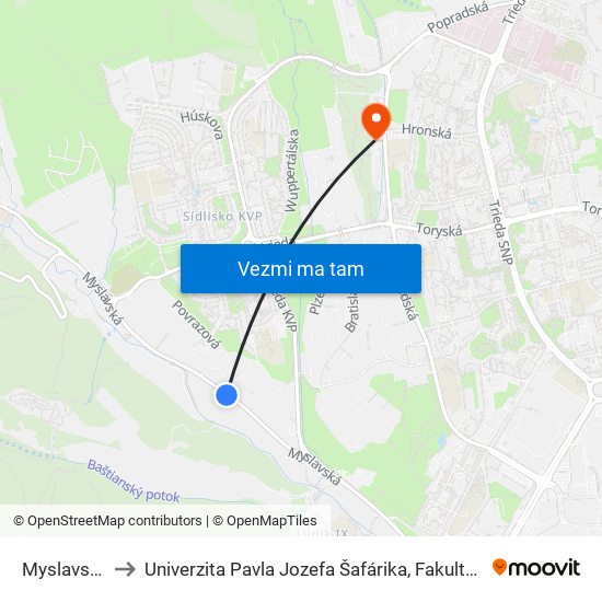 Myslavská 87 to Univerzita Pavla Jozefa Šafárika, Fakulta Verejnej Správy map