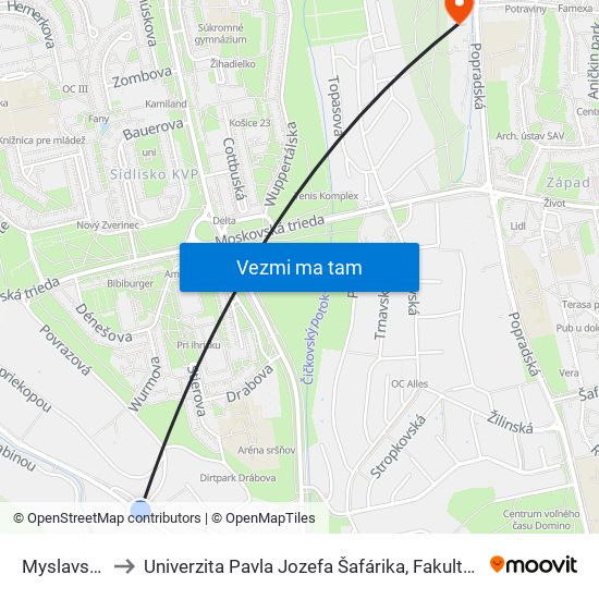 Myslavská 87 to Univerzita Pavla Jozefa Šafárika, Fakulta Verejnej Správy map