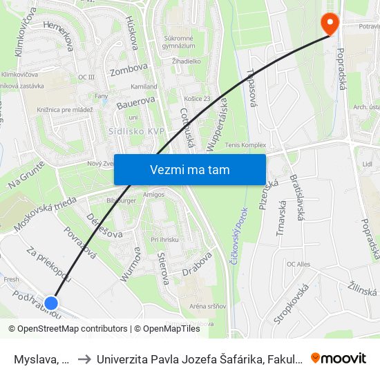 Myslava, Kostol to Univerzita Pavla Jozefa Šafárika, Fakulta Verejnej Správy map