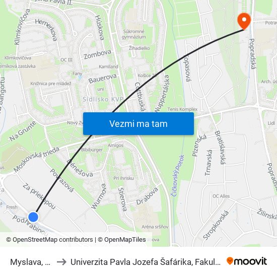 Myslava, Kostol to Univerzita Pavla Jozefa Šafárika, Fakulta Verejnej Správy map