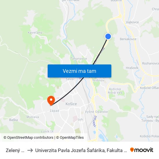 Zelený Dvor to Univerzita Pavla Jozefa Šafárika, Fakulta Verejnej Správy map