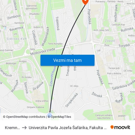 Kremnická to Univerzita Pavla Jozefa Šafárika, Fakulta Verejnej Správy map