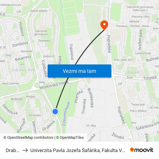 Drabova to Univerzita Pavla Jozefa Šafárika, Fakulta Verejnej Správy map