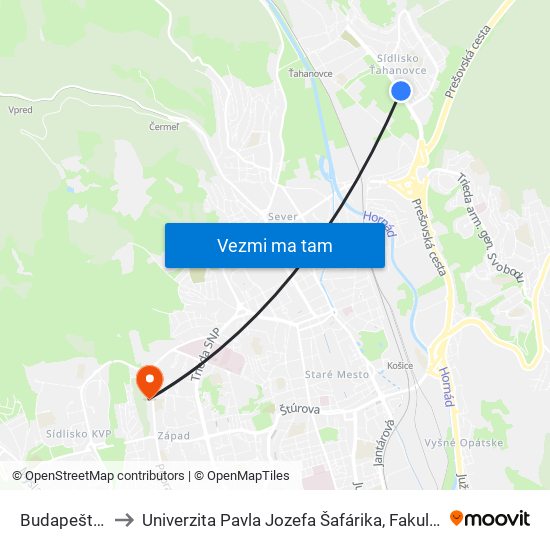 Budapeštianska to Univerzita Pavla Jozefa Šafárika, Fakulta Verejnej Správy map