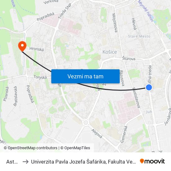 Astoria to Univerzita Pavla Jozefa Šafárika, Fakulta Verejnej Správy map